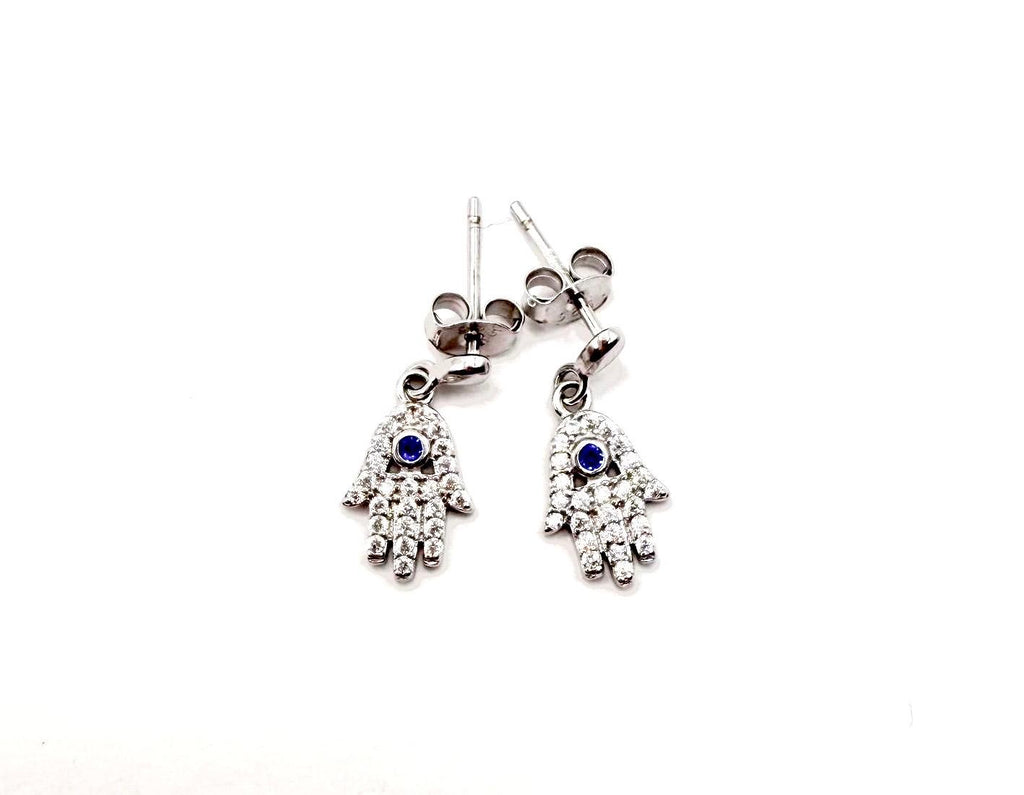 Hamsa droppörhängen med blå kristall – sterlingsilver