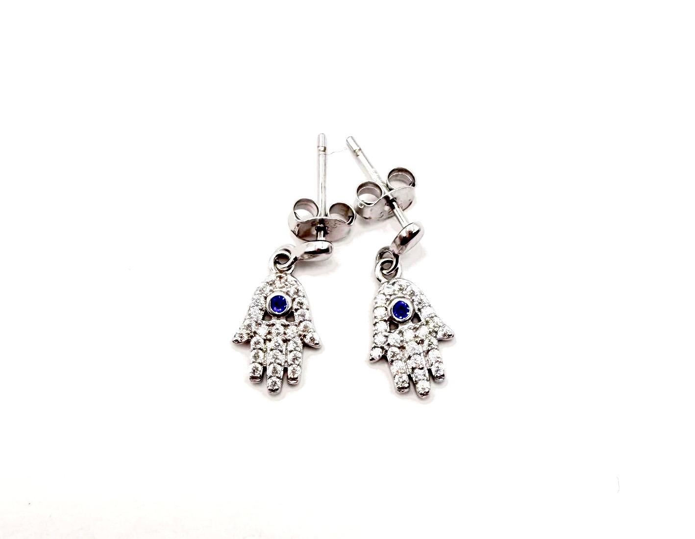 Hamsa droppörhängen med blå kristall – sterlingsilver