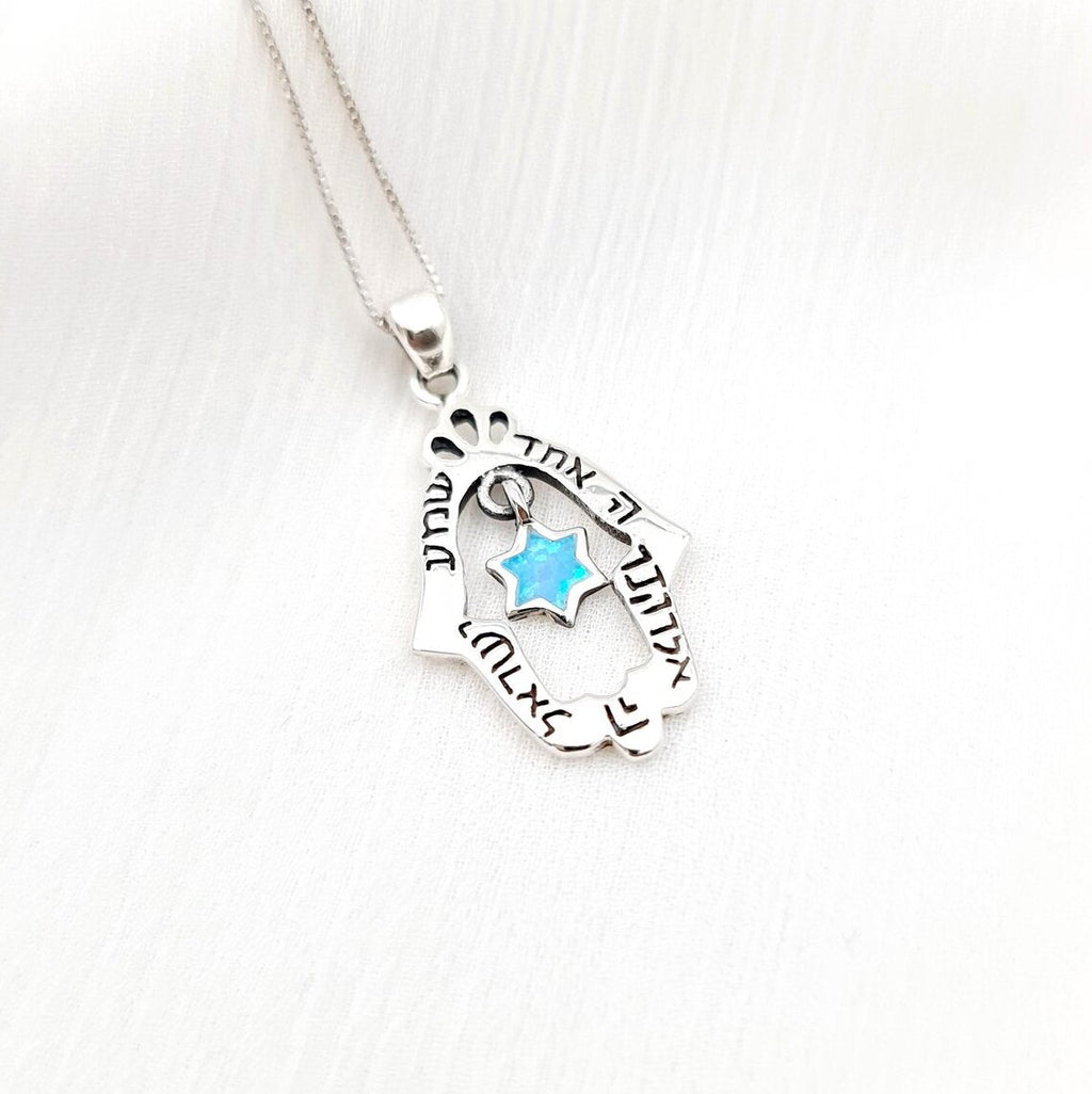 Shema Israel Hamsa halsband – Davidsstjärna & blå opal