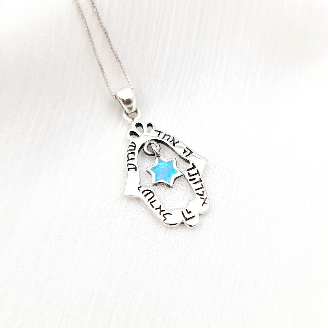 Shema Israel Hamsa halsband – Davidsstjärna & blå opal