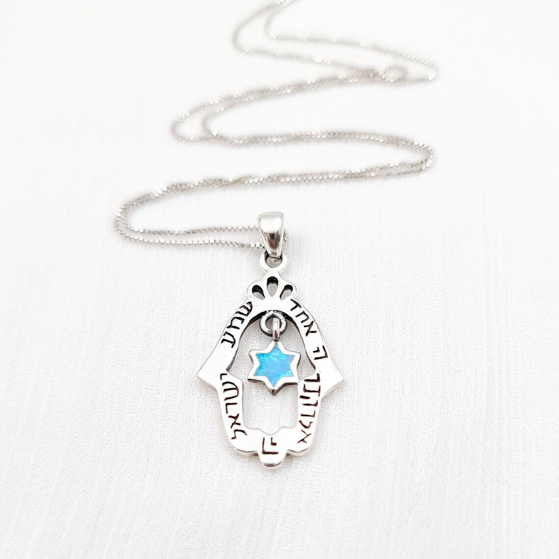 Shema Israel Hamsa halsband – Davidsstjärna & blå opal