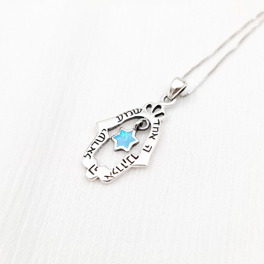 Shema Israel Hamsa halsband – Davidsstjärna & blå opal