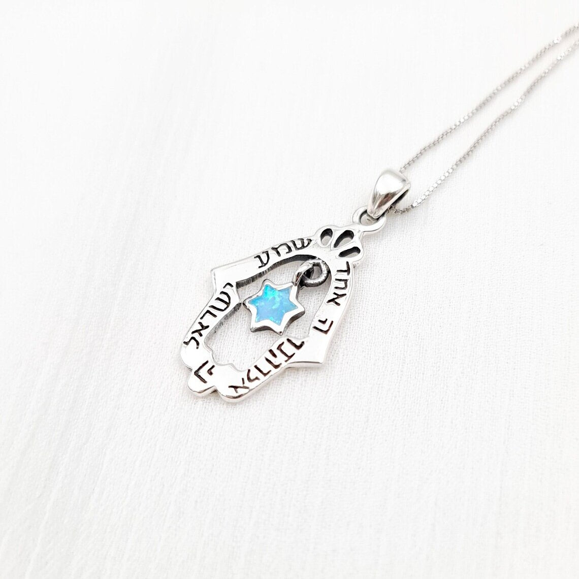 Shema Israel Hamsa halsband – Davidsstjärna & blå opal