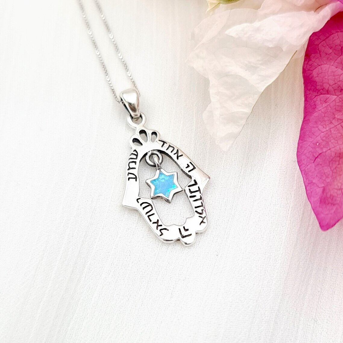 Shema Israel Hamsa halsband – Davidsstjärna & blå opal