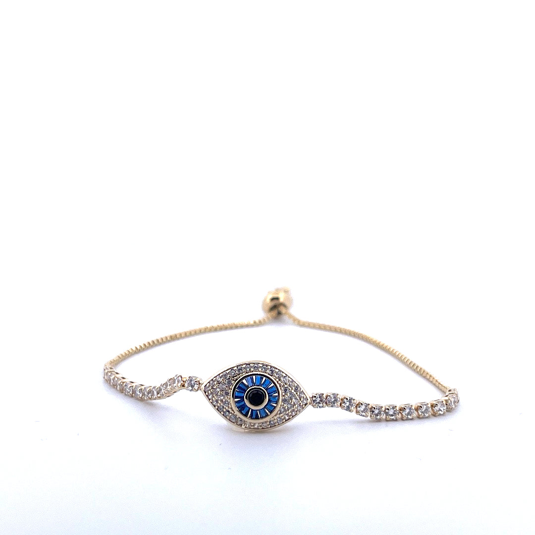 18K Gold Filled Evil Eye Tennis Bracelet with Blue and White Moissanite